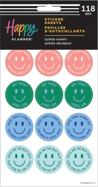 Front view of the Super Happy 5 sheet sticker set by Happy Planner