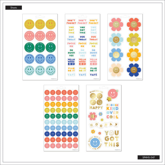 A view of all sheet types in the Super Happy 5 sheet sticker pack by Happy Planner
