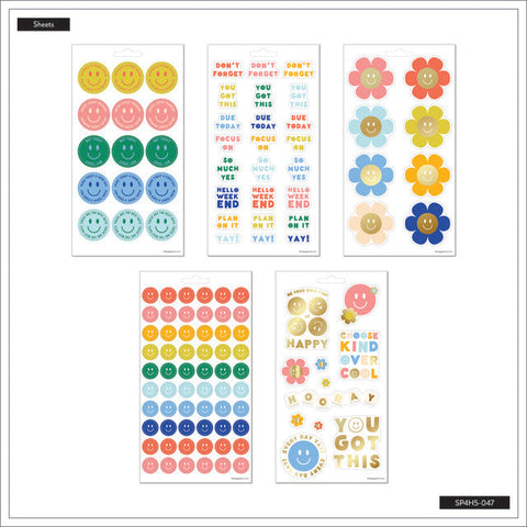 Image of A view of all sheet types in the Super Happy 5 sheet sticker pack by Happy Planner