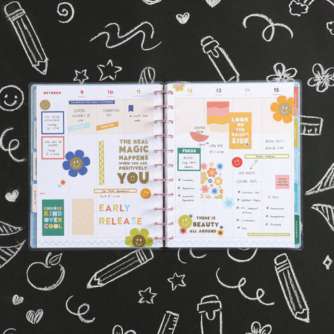 Image of A lifestyle shot of the Super Happy Big 12 month planner showing use of stickers to decorate