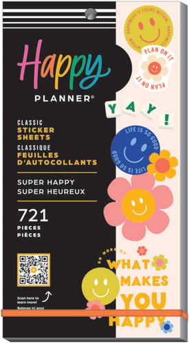 Front View of the Super Happy Classic 30 Sheet Sticker Pack by Happy Planner