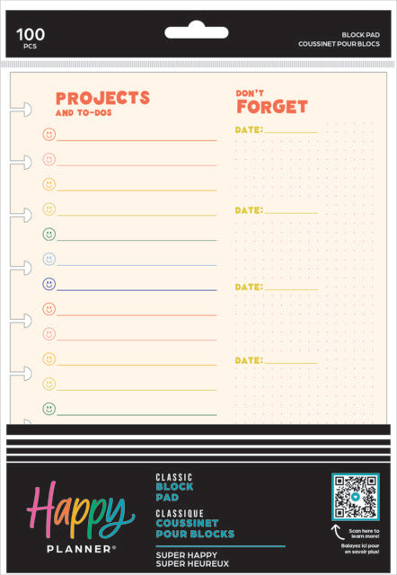Front packaging of the Super Happy Classic Block Pad from Happy Planner