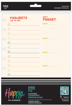 Front packaging of the Super Happy Classic Block Pad from Happy Planner