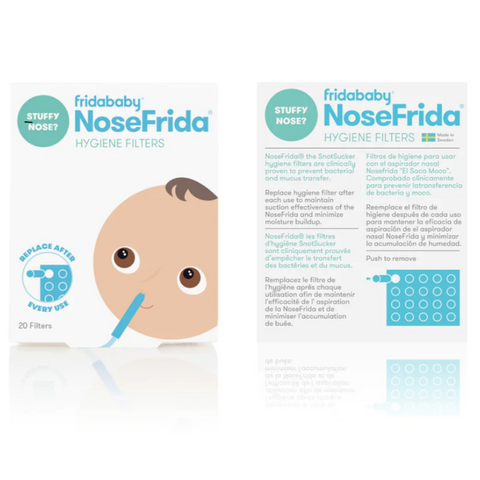 Image of Front and back packaging of NoseFrida hygienic filters